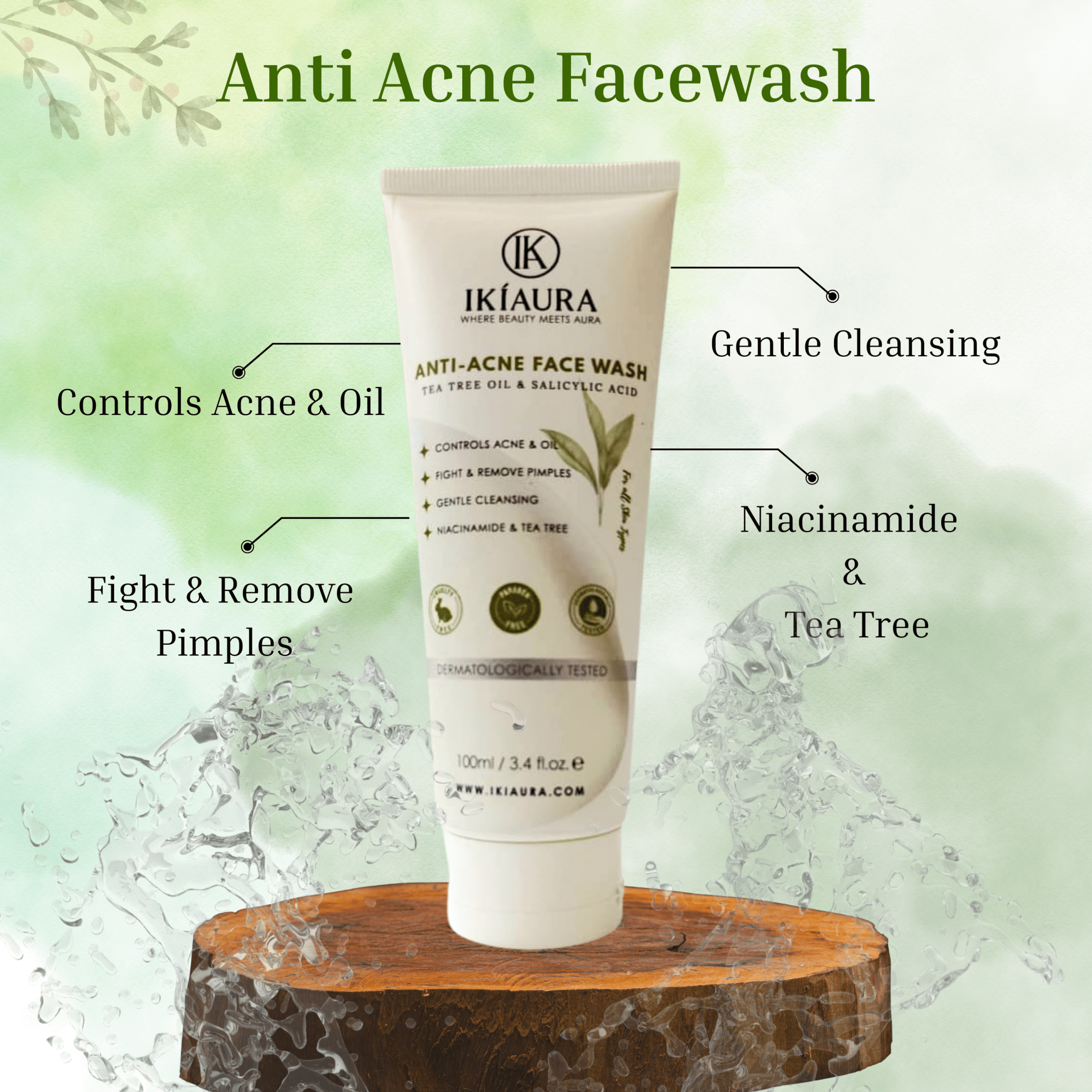 Ikiaura Anti - Acne Face Wash – Tea Tree Oil & Salicylic Acid | For Oily & Acne - Prone Skin | 100ml - IKIAURA