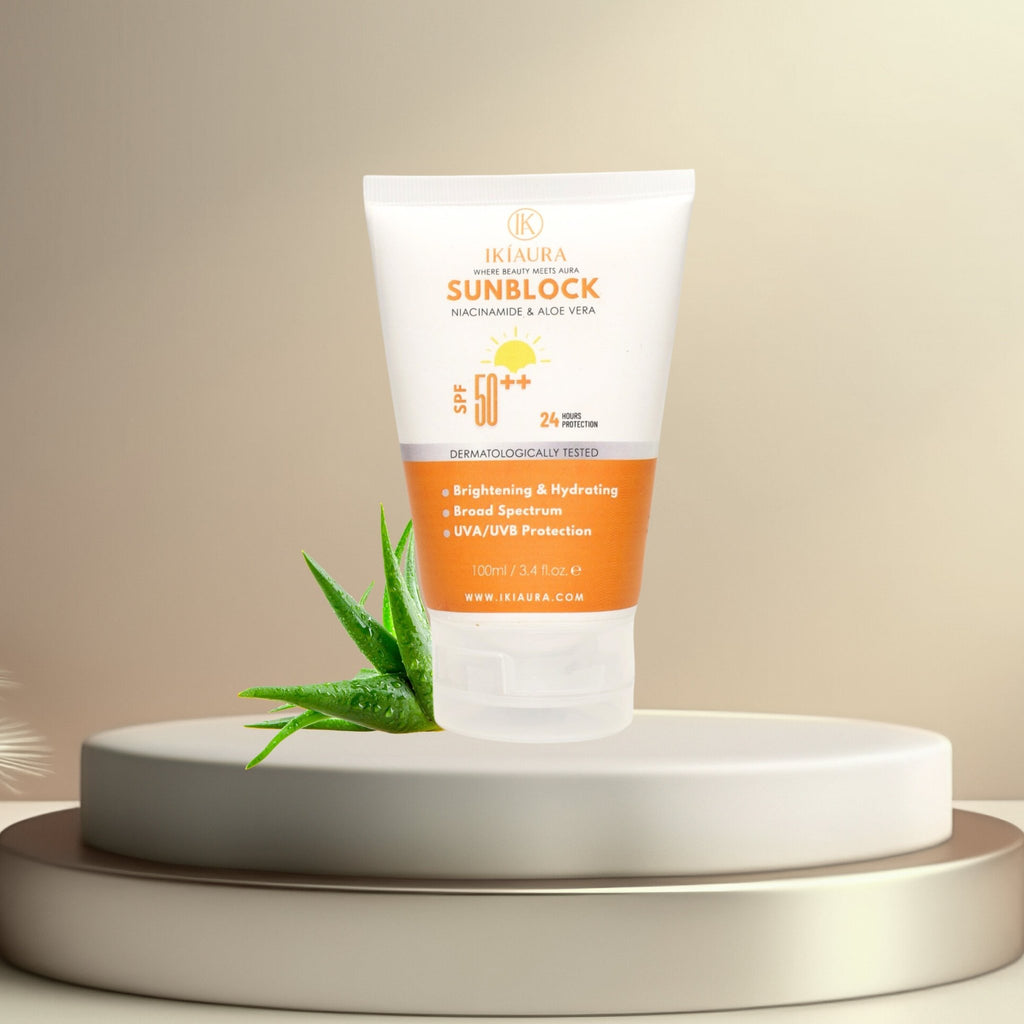 Sunblock SPF 50+++ | Broad Spectrum UVA/UVB Protection with Niacinamide & Aloe Vera | 100ml - IKIAURA
