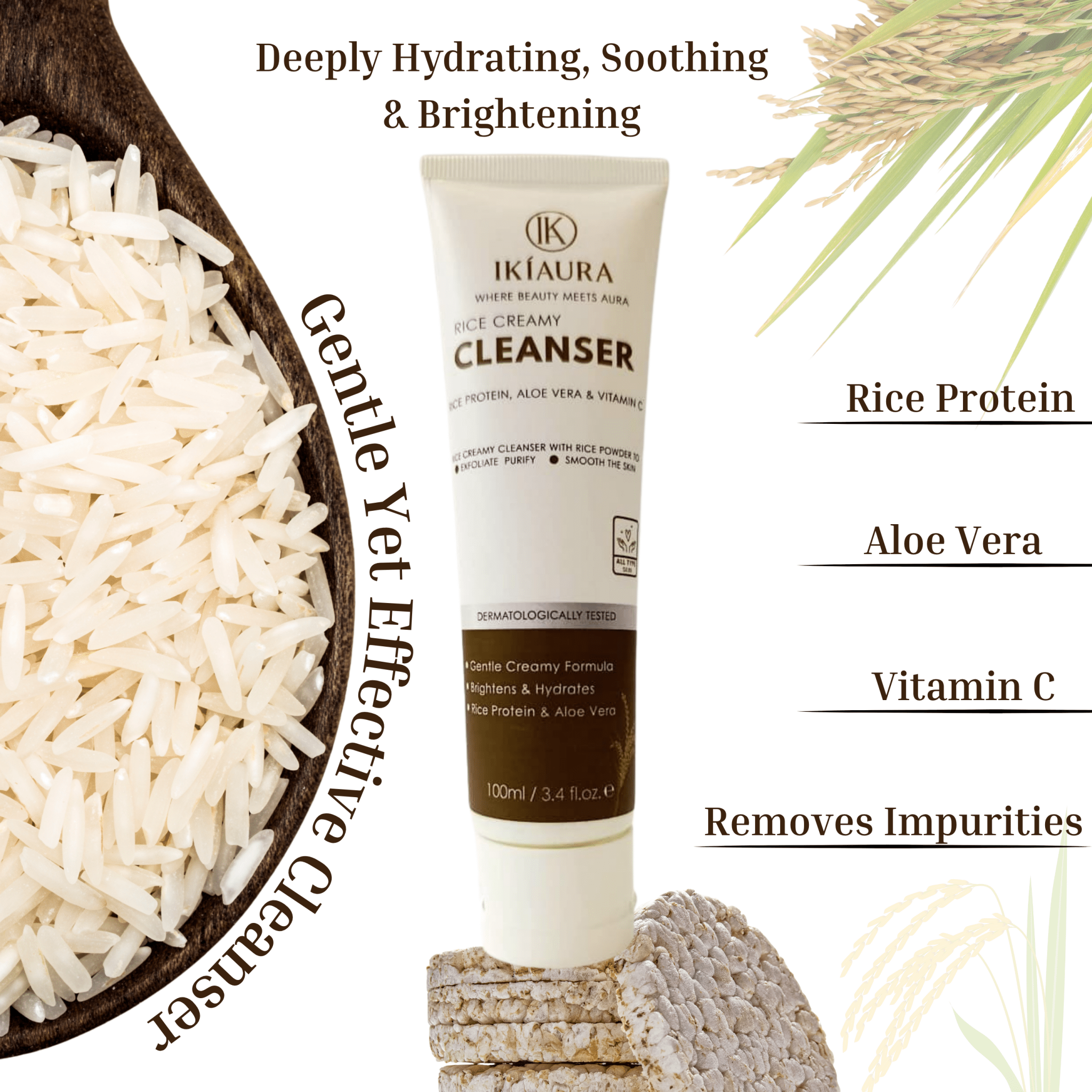Rice Creamy Cleanser | Brightening & Hydrating Face Wash with Rice Protein & Vitamin C | 100ml - IKIAURA